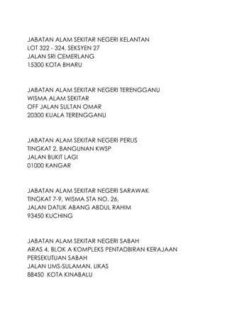 JABATAN ALAM SEKITAR NEGERI KELANTAN
LOT 322 - 324, SEKSYEN 27
JALAN SRI CEMERLANG
15300 KOTA BHARU
JABATAN ALAM SEKITAR NEGERI TERENGGANU
WISMA ALAM SEKITAR
OFF JALAN SULTAN OMAR
20300 KUALA TERENGGANU
JABATAN ALAM SEKITAR NEGERI PERLIS
TINGKAT 2, BANGUNAN KWSP
JALAN BUKIT LAGI
01000 KANGAR
JABATAN ALAM SEKITAR NEGERI SARAWAK
TINGKAT 7-9, WISMA STA NO. 26,
JALAN DATUK ABANG ABDUL RAHIM
93450 KUCHING
JABATAN ALAM SEKITAR NEGERI SABAH
ARAS 4, BLOK A KOMPLEKS PENTADBIRAN KERAJAAN
PERSEKUTUAN SABAH
JALAN UMS-SULAMAN, LIKAS
88450 KOTA KINABALU
 