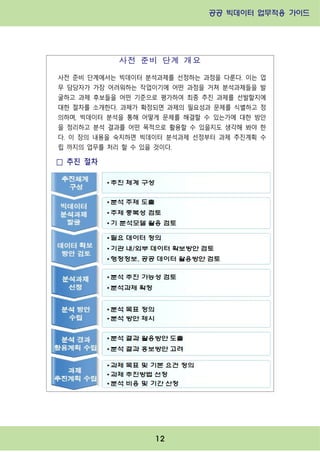 공공 빅데이터 업무적용 가이드⁲⁲
⁲
12
사전 준비 단계 개요
사전 준비 단계에서는 빅데이터 분석과제를 선정하는 과정을 다룬다. 이는 업
무 담당자가 가장 어려워하는 작업이기에 어떤 과정을 거쳐 분석과제들을 발
굴하고 과제 후보들을 어떤 기준으로 평가하여 최종 추진 과제를 선발할지에
대한 절차를 소개한다. 과제가 확정되면 과제의 필요성과 문제를 식별하고 정
의하며, 빅데이터 분석을 통해 어떻게 문제를 해결할 수 있는가에 대한 방안
을 정리하고 분석 결과를 어떤 목적으로 활용할 수 있을지도 생각해 봐야 한
다. 이 장의 내용을 숙지하면 빅데이터 분석과제 선정부터 과제 추진계획 수
립 까지의 업무를 처리 할 수 있을 것이다.
□ 추진 절차
 
