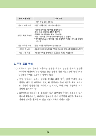 17
2. 주제 도출 방법
m 빅데이터 분석 주제를 도출하는 방법은 내부의 당면한 문제와 현안을
파악하여 해결하기 위한 방안을 찾는 방법과 기관 외부로부터 아이디어를
수집해서 주제를 도출하는 방법이 있음
- 현업 담당자는 조직이 당면한 문제와 해결 방안, 국민 만족도 제고
방안을 가장 잘 파악하고 있고, IT 담당자는 문제 해결을 위해 조직의
IT 자원이 충분한지를 파악하고 있으므로, 주제 도출 과정에서 서로
긴밀히 협력해야 함
- 외부로부터 아이디어를 수집하는 것은 내부에서 주제가 도출되지 않은
경우에 활용하지만, 아이디어 공모전과 같이 전국민의 관심을 유도하고
기관의 정책을 홍보할 수 있는 이벤트로써의 의미도 있음
주제 도출 기준 고려 사항
- 정책 수립 또는 개선 등
서비스 제공 대상 · 기관 내부용인가, 외부 서비스용인가?
데이터 획득 가능성
· 내부에 존재하는 데이터를 활용하는가?
· 분석 대상 데이터의 품질은 좋은가?
· 필요한 외부 데이터는 확보 가능한가?
· 외부 데이터를 내부 데이터와 매시업*할 수 있는가?
* 매시업(Mashup) : 데이터를 서로 융합하여 새로운 서비스를 만들어
내는 것
담당 조직의 의지 · 담당 조직은 적극적으로 참여하는가?
분석의 가능성 · 제시된 주제를 분석할 때 구현이 가능하며 제약 사항 해결이 가능한가?
예상 구현 비용 · 제시된 주제를 분석하는데 소요되는 예산은 적절한가?
 
