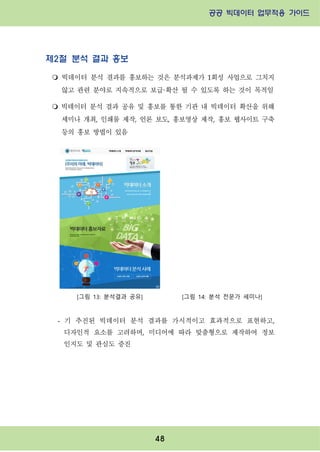 공공 빅데이터 업무적용 가이드⁲⁲
⁲
48
제2절 분석 결과 홍보
m 빅데이터 분석 결과를 홍보하는 것은 분석과제가 1회성 사업으로 그치지
않고 관련 분야로 지속적으로 보급·확산 될 수 있도록 하는 것이 목적임
m 빅데이터 분석 결과 공유 및 홍보를 통한 기관 내 빅데이터 확산을 위해
세미나 개최, 인쇄물 제작, 언론 보도, 홍보영상 제작, 홍보 웹사이트 구축
등의 홍보 방법이 있음
- 기 추진된 빅데이터 분석 결과를 가시적이고 효과적으로 표현하고,
디자인적 요소를 고려하며, 미디어에 따라 맞춤형으로 제작하여 정보
인지도 및 관심도 증진
[그림 13: 분석결과 공유] [그림 14: 분석 전문가 세미나]
 