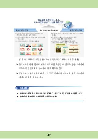 49
[그림 15: 빅데이터 사업 설명이 가능한 인포·모션그래픽스 제작 및 활용]
m 분석과제를 관련 분야로 지속적으로 보급·확산할 수 있도록 공공 빅데이터
우수사례 경진대회에 참여하여 홍보 활동을 실시
m 공공부문 업무담당자를 대상으로 공공 빅데이터 이론교육 등을 실시하여
빅데이터 활용 활성화 제고
빅데이터 사업 결과 홍보 대상별 차별화된 홍보전략 및 방법을 고려하였는가?
빅데이터 홍보예산 확보방안을 수립하였는가?
 