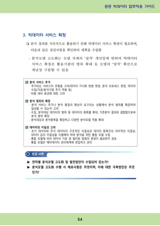 공공 빅데이터 업무적용 가이드⁲⁲
⁲
54
3. 빅데이터 서비스 확장
m 분석 결과를 지속적으로 활용하기 위해 빅데이터 서비스 확장이 필요하며,
다음과 같은 점검사항을 확인하여 계획을 수립함
- 분석모델 고도화는 모델 자체의 ‘질적’ 개선임에 반하여 빅데이터
서비스 확장은 활용기관의 범위 확대 등 모델의 ‘양적’ 확산으로
개념상 구분할 수 있음
분석 서비스 추가
· 추가되는 서비스의 유형을 고려(데이터 가시화 방법 변경, 분석 프로세스 변경, 데이터
수집/가공/분석기법 추가 적용 등)
· 비용 대비 효과에 대한 고려
분석 범위의 확장
· 분석 서비스 추가나 분석 품질의 향상이 요구되는 상황에서 분석 범위를 확장하여
달성할 수 있는지 고려
· 수집, 분석대상 데이터의 범위 및 데이터의 종류를 확대, 기존분석 결과와 결합함으로써
분석 범위 확장
· 분석대상과 분석항목을 확장하고 다양한 분석모델 적용 확대
데이터의 이질성 고려
· 초기 데이터와 추가 데이터의 구조적인 이질성과 데이터 항목간의 의미적인 이질성,
데이터 값의 이질성을 식별해야 하며 분석을 위한 통합 모델 수립
· 통합 모델에 따라 데이터 가공 및 필터링 방법의 변경이 필요한지 검토
· 통합 모델은 메타데이터 관리체계에 편입하고 관리
연차별 분석모델 고도화 및 발전방안이 수립되어 있는가?
분석모델 고도화 수행 시 애로사항은 무엇이며, 이에 대한 극복방안은 무엇
인가?
 