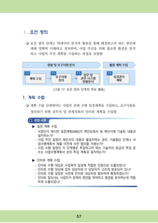 57
Ⅰ. 요건 정의
m 요건 정의 단계는 빅데이터 분석과 활용을 통해 해결하고자 하는 현안에
대해 명확히 이해하고 정의하며, 사업 추진을 위해 필요한 환경을 분석
하고 사업의 추진 계획을 수립하는 과정을 포함함
1. 계획 수립
m 계획 수립 단계에서는 사업의 전체 수행 일정계획을 수립하고, 요구사항을
정의하기 위한 실무자 및 관계자와의 인터뷰 계획을 수립함
일정 계획 수립
- 사업단이 제시한 일정계획(WBS)이 제안요청서 및 제안서에 기술된 내용과
일치하는가?
- 사업 추진 일정이 제안서의 내용과 불일치하는 경우, 기술협상 단계나 사
업수행계획서 제출 이전에 사전 협의를 거쳤는가?
- 사업 수행 일정의 각 단계별로 투입하고자 하는 기술자의 등급과 투입 공
수는 사업수행계획서 상의 투입 계획과 일치하는가?
인터뷰 계획 수립
- 인터뷰 수행 대상은 사업목적 달성에 적합한 인원으로 도출되었나?
- 인터뷰 수행 대상에 업무 담당자와 IT 담당자가 고르게 분포되어 있나?
- 인터뷰 수행 일정은 사전에 인터뷰 대상자와 협의하여 확정하였는가?
- 인터뷰 질의서는 사업자가 문제의 현안을 파악하고 환경을 분석하는데 적합
하게 도출되었나?
[그림 17: 요건 정의 단계의 주요 활동]
 