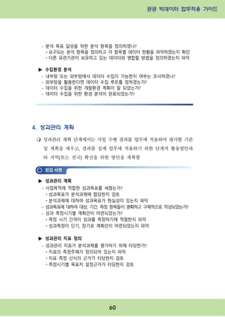 공공 빅데이터 업무적용 가이드⁲⁲
⁲
60
4. 성과관리 계획
m 성과관리 계획 단계에서는 사업 수행 결과를 업무에 적용하여 평가할 기준
및 계획을 세우고, 결과를 실제 업무에 적용하기 위한 단계적 활용방안과
타 지역(또는 전국) 확산을 위한 방안을 계획함
- 분석 목표 달성을 위한 분석 항목을 정의하였나?
ㆍ요구되는 분석 항목을 정의하고 각 항목별 데이터 현황을 파악하였는지 확인
ㆍ다른 유관기관이 보유하고 있는 데이터와 병합할 방법을 정의하였는지 파악
수집환경 분석
- 내부망 또는 외부망에서 데이터 수집이 가능한지 여부는 조사하였나?
- 외부망을 활용한다면 데이터 수집 루트를 정하였는가?
- 데이터 수집을 위한 개발환경 계획이 잘 되었는가?
- 데이터 수집을 위한 환경 분석이 완료되었는가?
성과관리 계획
- 사업목적에 적합한 성과목표를 세웠는가?
ㆍ성과목표가 분석과제에 합당한지 검토
ㆍ분석과제에 대하여 성과목표가 현실성이 있는지 파악
- 성과목표에 대하여 대상, 기간, 측정 항목들이 명확하고 구체적으로 작성되었는가?
- 성과 측정시기별 계획안이 마련되었는가?
ㆍ측정 시기 간격이 성과를 측정하기에 적절한지 파악
ㆍ성과측정이 단기, 장기로 계획안이 마련되었는지 파악
성과관리 지표 정의
- 성과관리 지표가 분석과제를 평가하기 위해 타당한가?
ㆍ지표의 측정주체가 정의되어 있는지 파악
ㆍ지표 측정 산식의 근거가 타당한지 검토
ㆍ측정시기별 목표치 설정근거가 타당한지 검토
 
