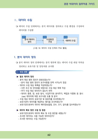 공공 빅데이터 업무적용 가이드⁲⁲
⁲
62
Ⅱ. 데이터 수집
m 데이터 수집 단계에서는 분석 데이터를 정의하고 수집 환경을 구성하여
데이터를 수집함
[그림 18: 데이터 수집 단계의 주요 활동]
1. 분석 데이터 정의
m 분석 데이터 정의 단계에서는 분석 범위에 맞는 데이터 수집 대상 목록을
정리하고 보유기관 및 담당자를 조사함
필요 데이터 정의
- 분석 대상 범위 정의가 완료되었는가?
ㆍ분석 대상 범위 정의가 요구사항을 만족 시키는지 점검
- 데이터 수집 대상 목록을 작성하였는가?
ㆍ사전 조사 및 인터뷰를 바탕으로 수집 대상 목록 작성
ㆍ추가 수집 대상 데이터가 없는지 파악
ㆍ데이터 종류, 양, 보관 방식, 수집주기와 분석주기, 백업과 이중화 등 원시
(raw) 데이터에 대한 요구사항 도출 및 분석
- 수집 대상 데이터 보유기관 및 담당자를 조사하였는가?
- 보유기관이 데이터를 제공하는 형식을 조사하였는가?
- 보유기관으로부터 데이터 메타정보(칼럼, 건수, 크기, 길이)를 입수하였는가?
데이터 확보 방안 수립 및 점검
- 보유기관으로부터 데이터 확보 및 수집 방안을 세웠는가?
- 조사한 데이터는 사용 가능한 데이터인가?
- 조사한 데이터는 수집 가능한가?
 