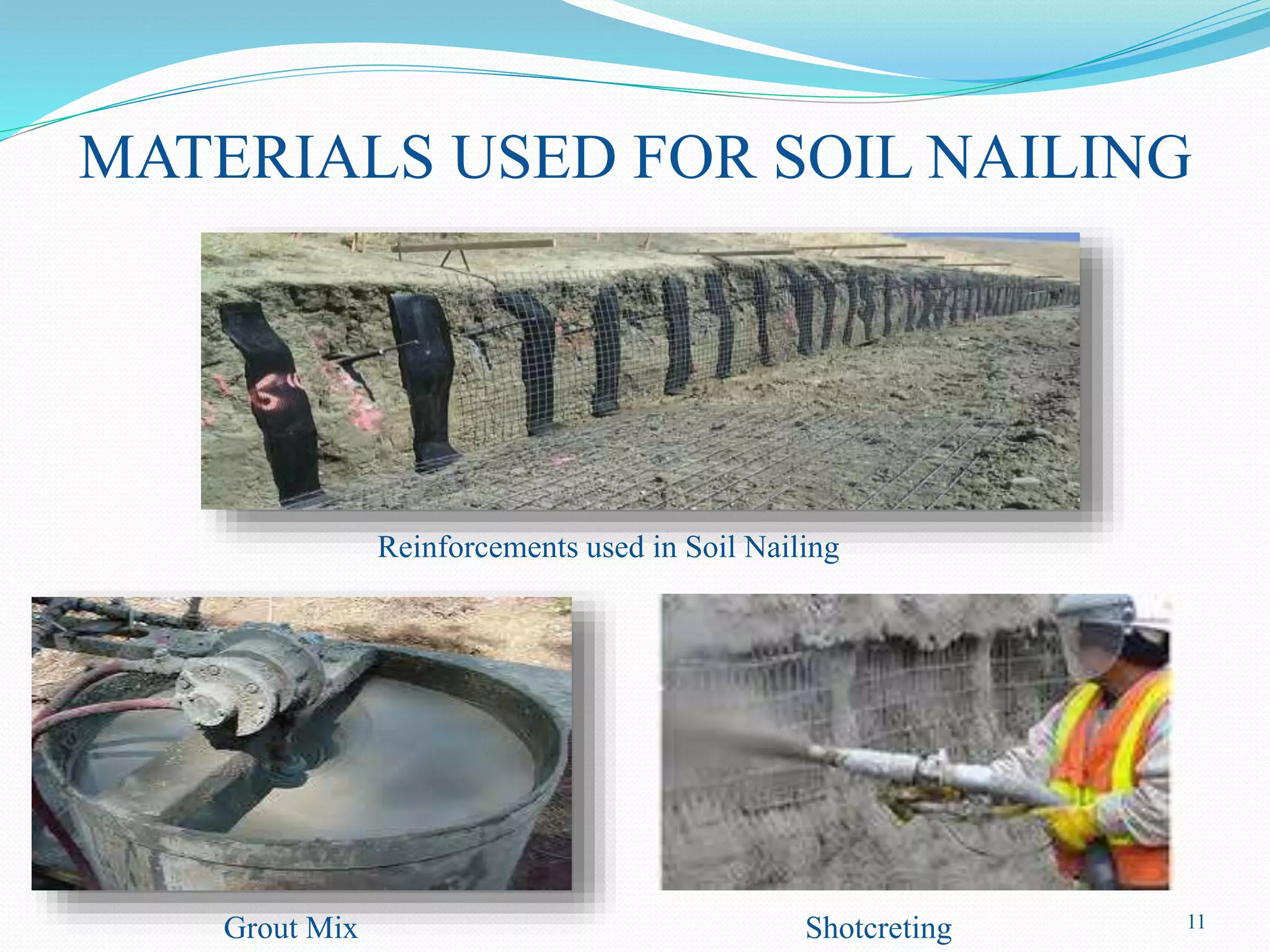 MATERIALS USED FOR SOIL NAILING
11Grout Mix
Reinforcements used in Soil Nailing
Shotcreting
 