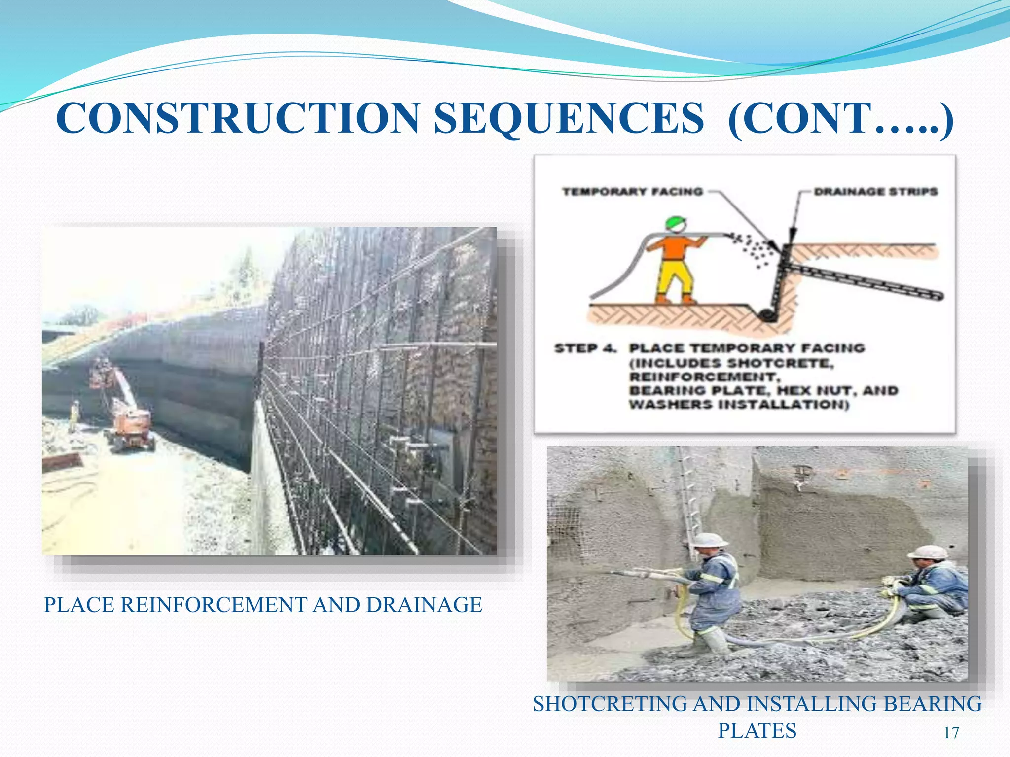 CONSTRUCTION SEQUENCES (CONT…..)
PLACE REINFORCEMENT AND DRAINAGE
SHOTCRETING AND INSTALLING BEARING
PLATES 17
 