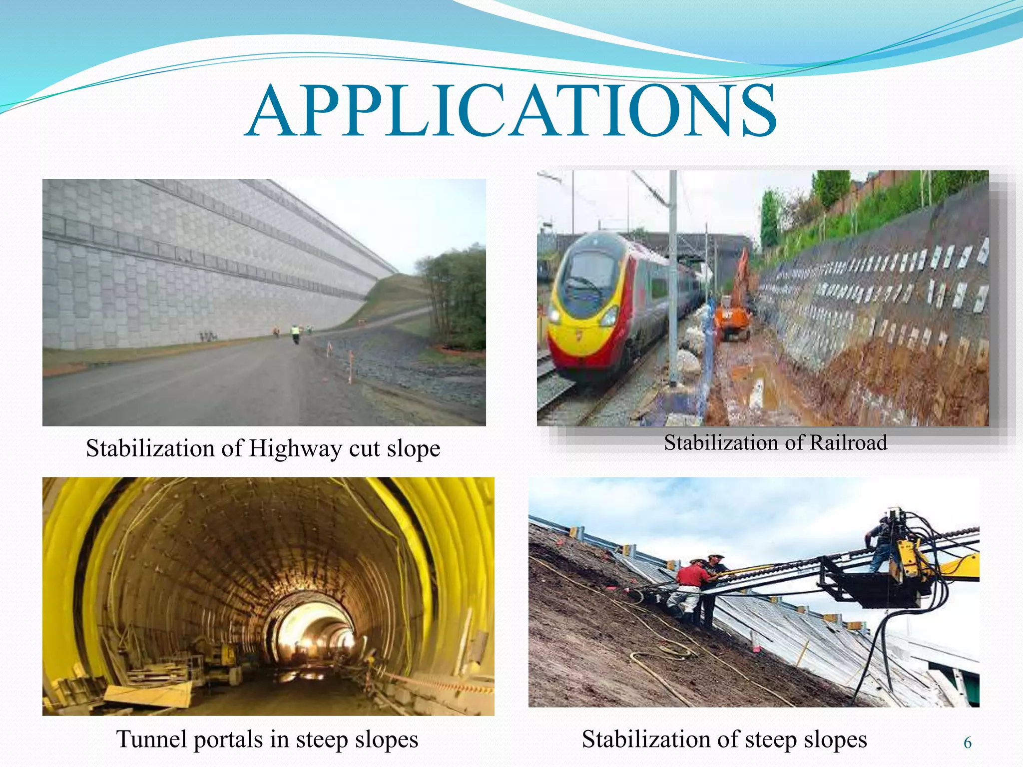 APPLICATIONS
6Tunnel portals in steep slopes
Stabilization of Highway cut slope Stabilization of Railroad
Stabilization of steep slopes
 