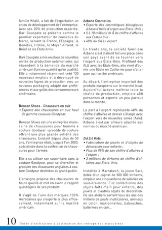 10 G u i d e d ' u t i l i s a t i o n à d e s t i n a t i o n d e s e n t r e p r i s e s m a r o c a i n e s
famille Khalil, a fait de l'exportation un
enjeu de développement de l'entreprise.
Avec ses 20% de production exportée,
Dari Couspate se présente comme le
premier exportateur de couscous du
Maroc, servant la France, l'Espagne, le
Benelux, l'Italie, le Moyen-Orient, le
Brésil et les États-Unis.
Dari Couspate a mis en place de nouvelles
unités de production automatisées qui
répondent à la demande du marché
américain (tant en quantité qu'en qualité).
Elle a notamment récemment créé 130
nouveaux emplois et a développé de
nouvelles lignes de production avec un
nouveau packaging adapté aux préfé-
rences et aux goûts des consommateurs
américains.
Benson Shoes - Chaussure en cuir
• Exporte des chaussures en cuir haut
de gamme cousues Goodyear.
Benson Shoes est une entreprise maro-
caine de chaussures pour homme à
couture Goodyear -procédé de couture
offrant une plus grande solidité des
chaussures. Existant depuis plus de 50
ans, l'entreprise était, jusqu'à l'an 2000,
spécialisée dans la confection de chaus-
sures pour l'armée.
Elle a su utiliser son savoir-faire dans la
couture Goodyear, pour se diversifier et
produire des chaussures anglaises à cou-
ture Goodyear destinées au grand public.
L'enseigne propose des chaussures de
haute qualité et met en avant le rapport
qualité/prix de ses produits.
Il s'agit de l'une des marques 100%
marocaines qui s'exporte le plus effica-
cement, notamment sur le marché
américain.
Azbane Cosmetics
• Exporte des cosmétiques biologiques
à base d'huile d'argan aux États-Unis ;
• 5 à 10 millions de $ de chiffre d'affaires
aux États-Unis ;
• 40% du CA à l'export.
En trente ans, la société familiale
Azbane s'est d'abord fait une place dans
son pays avant de se tourner vers
l'export aux États-Unis. Profitant des
ALE avec les États-Unis, elle vient d'ou-
vrir une filiale en Californie pour s'atta-
quer au marché américain.
Au départ, l'entreprise importait des
produits européens sur le marché local.
Aujourd'hui Azbane maîtrise toute la
chaîne de production, emploie 450
personnes et exporte un peu partout
dans le monde.
La part à l'export représente 40% du
chiffre d'affaires et devrait s'élargir avec
l'export vers de nouvelles zones (Asie).
Azbane s'est par ailleurs adaptée aux
normes du marché américain.
Zid Zid Kids :
• Fabrication de jouets et d'objets de
décoration pour enfants ;
• Plus de 95% de son chiffre d'affaires à
l'export ;
• 3 millions de dirhams de chiffre d'af-
faires aux États-Unis.
Installée à Marrakech, la jeune Sarl,
dotée d'un capital de 500 000 dirhams,
emploie une cinquantaine de salariés en
sous-traitance. Elle confectionne des
objets faits main pour enfants, des
jouets et d'autres objets de décoration.
De ses ateliers sortent tous les ans des
milliers de poufs multicolores, animaux
en coton, marionnettes, babouches,
ballerines en cuir…
 