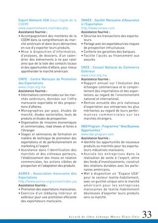 33A c c o r d d e l i b r e é c h a n g e M a r o c - É t a t s - U n i s 33
Export Network USA (sous l'égide de la
CGEM)
www.exportnetwork.ma/index.php
Assistance fournie :
• Accompagnement des membres de la
CGEM dans la compréhension du mar-
ché américain et dans leurs démarches
en vue d'y exporter leurs produits.
• Mise à disposition d'information,
d'analyses, de dossiers, d'un calen-
drier des événements à ne pas rater
ainsi que de la liste des contacts locaux
et des opportunités d'affaire, pour mieux
appréhender le marché américain.
CMPE : Centre Marocain de Promotion
des Exportations
www.cmpe.org.ma
Assistance fournie :
• Informations commerciales sur les mar-
chés extérieurs, données sur l'offre
marocaine exportable et des proposi-
tions d'affaires.
• Monographies par pays, études de
marché, études sectorielles, tests de
produits et études de prospection.
• Organisation de missions économiques
et commerciales, road shows et foires à
l'étranger.
• Stages et séminaires de formation en
matière de technique de promotion des
exportations et de perfectionnement en
marketing à l'export.
• Assistance dans l'identification des
marchés et des créneaux porteurs,
l'établissement des mises en relation
commerciales, les actions ciblées de
prospection et l'adaptation des produits.
ASMEX : Association marocaine des
Exportations
http://www.asmex.org/asmex/index.jsp
Assistance fournie :
• Promotion des exportations marocaines.
• Exercice d'un lobbying intérieur et
extérieur pour une promotion efficiente
des exportateurs marocains.
SMAEX : Société Marocaine d'Assurance
à l'Exportation
http://www.smaex.com
Assistance fournie :
• Sécurise les transactions des exporta-
teurs.
• Partage avec les exportateurs les risques
de prospection infructueuse.
• Conforte les garanties des banques.
• Facilite l'accès au financement aux
assurés.
CNCE : Conseil National du Commerce
Extérieur
www.cnce.org.ma
Assistance fournie :
• Rapport annuel sur l'évolution des
échanges commerciaux et le compor-
tement des importations et des expor-
tations au regard de l'environnement
national et international.
• Remise annuelle des prix nationaux
d'exportation aux entreprises les plus
méritantes au regard de leurs perfor-
mances commerciales sur les
marchés étrangers.
NBOProgram:Programme"NewBusiness
Opportunities "
www.nbo-program.com
Assistance fournie :
• Identifie les opportunités de nouveaux
produits ou marchés pour les exporta-
teurs industriels marocains.
• Assiste les entreprises dans la
réalisation de vente à l'export, attire
des fonds d'investissements, construit
des relations durables avec les parte-
naires américains.
• Met à disposition un "Espace USA"
pour le secteur textile-habillement,
avec un guichet unique vers le marché
américain pour les entreprises
marocaines de textile-habillement
désireuses d'exporter leurs produits
vers ce marché.
 
