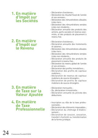 1. En matière
d'Impôt sur
les Sociétés
2. En matière
d'Impôt sur
le Revenu
3. En matière
de Taxe sur la
Valeur Ajoutée
4. En matière
de Taxe
Professionnelle
24 Commission Fiscalité/CGEM
- Déclaration d’existence ;
- Déclaration du résultat fiscal de l’année
et ses annexes ;
- Déclaration des rémunérations allouées
à des tiers ;
- Déclaration des rémunérations versées
à des non résidents ;
- Déclaration annuelle des produits des
actions, parts sociales et revenus assi-
milés, et des produits de placement à
revenu fixe.
- Déclaration d’existence ;
- Déclaration annuelle des traitements
et salaires ;
- Déclaration des rémunérations allouées
à des tiers ;
- Déclaration des rémunérations versées
à des non résidents ;
- Déclaration annuelle des produits de
placement à revenu fixe ;
- Déclaration du revenu global de l’année
et ses annexes ;
- Déclaration des profits immobiliers ;
- Déclaration des profits de capitaux
mobiliers ;
- Déclaration de revenus de capitaux
mobiliers de source étrangère ;
- Déclaration de profits de capitaux
mobiliers de source étrangère.
- Déclaration mensuelle ;
- Ou, déclaration trimestrielle ;
- Déclaration annuelle du prorata des
déductions.
- Inscription au rôle de la taxe profes-
sionnelle ;
- Déclaration des éléments imposables ;
- Déclaration du chômage d’établis-
sement ;
- Déclaration de cession, cessation,
transfert d’activité ou transformation
de la forme juridique.
 