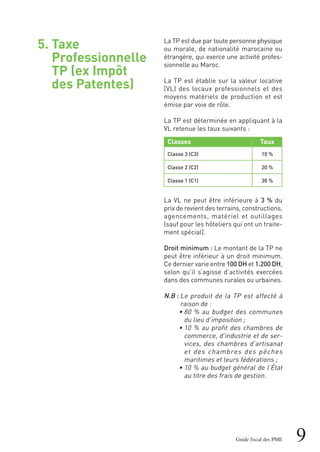 5. Taxe
Professionnelle
TP (ex Impôt
des Patentes)
9Guide fiscal des PME
La TP est due par toute personne physique
ou morale, de nationalité marocaine ou
étrangère, qui exerce une activité profes-
sionnelle au Maroc.
La TP est établie sur la valeur locative
(VL) des locaux professionnels et des
moyens matériels de production et est
émise par voie de rôle.
La TP est déterminée en appliquant à la
VL retenue les taux suivants :
La VL ne peut être inférieure à 3 % du
prix de revient des terrains, constructions,
agencements, matériel et outillages
(sauf pour les hôteliers qui ont un traite-
ment spécial).
Droit minimum : Le montant de la TP ne
peut être inférieur à un droit minimum.
Ce dernier varie entre 100 DH et 1.200 DH,
selon qu’il s’agisse d’activités exercées
dans des communes rurales ou urbaines.
N.B : Le produit de la TP est affecté à
raison de :
• 80 % au budget des communes
du lieu d’imposition ;
• 10 % au profit des chambres de
commerce, d’industrie et de ser-
vices, des chambres d’artisanat
et des chambres des pêches
maritimes et leurs fédérations ;
• 10 % au budget général de l’État
au titre des frais de gestion.
Classes
Classe 3 (C3)
Classe 2 (C2)
Classe 1 (C1)
Taux
10 %
20 %
30 %
 