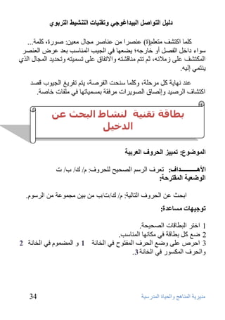 د ا زٌىاص ا جٌ ذُاغىخ ورم بُٕد ا زٌ شٕ ػُ ا زٌشثىٌ 
٩ذٹشٹخ ا ٥٪ٮبٱظ ٳا ٥ؾٺبح ا ٥٪ذسعٺخ 
34 
٩ ٺْ ٬: فٴسح، ٦١ ٪خ... ٦١ ٪ب ا ١زؾ ٩ز ٨٦ْ )ح( ٮّقشا ٬٩ ٮّبفش ٩غب ٣ 
عٴاء داخ ٤ ا ٥ٚق ٤ أٳ خبسع ؛ٰ ٹن ٲْب ٙٸ ا ٥غٺت ا ٥٪ٮبعت ث ذْ شّك ا ٥ ٮْقش 
٩ٮبٝؾز ٳالارٚبٛ ٦ّٶ رغ٪ٺز ٳرؾذٹذ ا ٥٪غب ٣ ا ٥زٷ ٢زؾ ٦ّٶ ص ٩لائ ،ٰ ص ٨ رز ٨ ٪ ا ٥ 
ٹٮز٪ٸ ئ ٥ٺ .ٰ 
٩شؽ ٦خ، ٳ ٦١ ٪ب عٮؾذ ا ٥ٚشفخ، ٹز ٨ رٚشٹ ا ٥غٺٴة ٝقذ ٮّذ ٭ٲبٹخ ٤١ 
ا ١زؾب ا ٥شفٺذ ٳئ ٥قبٛ ا ٥قٴٹشاد ٩شٙٞخ ث٪غ٪ٺبرٲب ٙٸ ٦٩ ٚبد خبفخ. 
ا ىٌّظىع: ر ضُُّ ا حٌشوف ا ؼٌشث خُ 
الأهــــــــــذاف: ر شْ ا ٥شع ٨ ا ٥قؾٺؼ ٦٥ ؾشٳ :ٗ ٧/ ٟ/ ة/ د 
ا ىٌظؼ خُ ا مٌّزشحخ: 
. ٩غ٪ٴ خّ ٬٩ ا ٥شعٴ ٧ اثؾش ٬ّ ا ٥ؾشٳ ا ٥زب ٥ٺخ: ٧/ ٟ/د/ة ٬٩ ثٺ ٬ 
رىخ هُبد سِبػذح: 
1 اخزش ا ٥جيبٝبد ا ٥قؾٺؾخ. 
2 م ٤١ ثيبٝخ ٙٸ ٢٩ ب٭ٲب ا ٥٪ٮبعت. 
3 اؽشؿ ٦ّٶ ٳم ا ٥ؾش ا ٥٪ٚزٴػ ٙٸ ا ٥خب٭خ 1 ٳ ا ٥٪ن٪ٴ ٧ ٙٸ ا ٥خب٭خ 2 
٢غٴس ٙٸ ا ٥خب٭خ ٪ ٳا ٥ؾش ا ٥ 3 . 
بطاقت تقىيت نىشاط انبحث عه 
انذخيم 
 