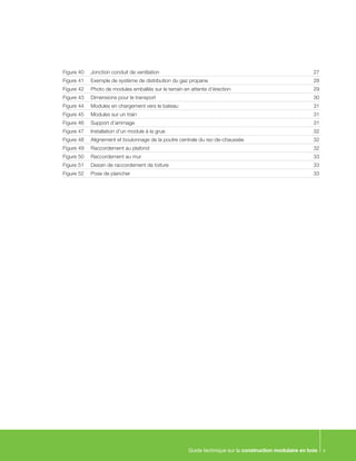 Guide technique sur la construction modulaire en bois v
Figure 40	 Jonction conduit de ventilation	 27
Figure 41   	 Exemple de système de distribution du gaz propane	 28
Figure 42   	 Photo de modules emballés sur le terrain en attente d’érection	 29
Figure 43   	 Dimensions pour le transport	 30
Figure 44   	 Modules en chargement vers le bateau	 31
Figure 45   	 Modules sur un train	 31
Figure 46 	 Support d’arrimage	 31
Figure 47   	 Installation d’un module à la grue	 32
Figure 48 	 Alignement et boulonnage de la poutre centrale du rez-de-chaussée	 32
Figure 49   	 Raccordement au plafond	 32
Figure 50   	 Raccordement au mur	 33
Figure 51 	 Dessin de raccordement de toiture	 33
Figure 52 	 Pose de plancher	 33
 