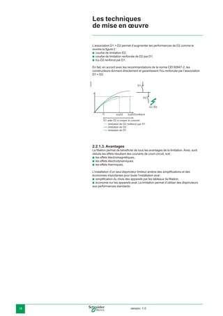 version: 1.018
L’association D1 + D2 permet d’augmenter les performances de D2 comme le
montre la ﬁgure 2 :
courbe de limitation D2,
courbe de limitation renforcée de D2 par D1,
Icu D2 renforcé par D1.
En fait, en accord avec les recommandations de la norme CEI 60947-2, les
constructeurs donnent directement et garantissent l’Icu renforcée par l’association
D1 + D2.
E45208
IcuD2
Icc (D)
I
1I
D1
D2
D1 aide D2 à couper le courant
limitation de D2 renforcé par D1
limitation de D2
limitation de D1
IcuD2/renforcé
2.2.1.3. Avantages
La ﬁliation permet de bénéﬁcier de tous les avantages de la limitation. Ainsi, sont
réduits les effets résultant des courants de court-circuit, soit :
les effets électromagnétiques,
les effets électrodynamiques,
les effets thermiques.
L’installation d’un seul disjoncteur limiteur amène des simpliﬁcations et des
économies importantes pour toute l’installation aval :
simpliﬁcation du choix des appareils par les tableaux de ﬁliation,
économie sur les appareils aval. La limitation permet d’utiliser des disjoncteurs
aux performances standards.
b
b
b
b
b
b
b
b
Les techniques
de mise en œuvre
 