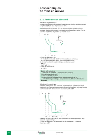 version: 1.020
2.3.2. Techniques de sélectivité
Sélectivité ampèremétrique
Cette technique est directement liée à l’étagement des courbes de déclenchement
Long Retard (LR) de deux disjoncteurs en série.
les transformateurs peuvent, pour des tensions supérieures à leur tension
nominale, absorber des courants entachés d’harmoniques. Dans ce cas, c’est la
saturation due à l’effet d’hystérésis qui en est la cause.
E45213b
D1
D2
Isd 2 Isd 1Ir2 Ir1
t D2 D1
I
La limite de sélectivité Is est :
Is = Isd2 si les seuils Isd1 et Isd2 sont trop proches ou confondus,
Is = Isd1 si les seuils Isd1 et Isd2 sont sufﬁsamment étagés.
En général, la sélectivité ampèremétrique est obtenue quand :
Ir1 / Ir2 < 2,
Isd1 / Isd2 > 2.
La limite de sélectivité est :
Is = Isd1.
Sélectivité chronométrique
Elle est le prolongement de la sélectivité ampèremétrique. Elle est obtenue par
l’étagement dans le temps des courbes de déclenchement. Cette technique consiste
à temporiser de ∆t le déclenchement court retard (CR) de D1.
DB102105
Les seuils (Ir1, Isd1) de D1 et (Ir2, Isd2) respectent les règles d’étagement de la
sélectivité ampèremétrique.
La limite de sélectivité Is de l’association est au moins égale à Ii1 seuil de
l’instantané de D1.
b
-
-
-
-
-
Les techniques
de mise en œuvre
Qualité de la sélectivité
La sélectivité est totale si Is > Icc(D2), soit Isd1 > Icc(D2).
Cela implique généralement :
un niveau Icc(D2) peu élevé,
un écart important entre les calibres des disjoncteurs D1 et D2.
La sélectivité ampèremétrique est généralement utilisée en distribution
terminale.
v
v
 