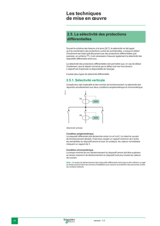 version: 1.024
2.5. La sélectivité des protections
différentielles
Suivant le schéma des liaisons à la terre (SLT), la sélectivité ne fait appel
qu’à la coordination des protections contre les surintensités. Lorsque le défaut
d’isolement est traité spéciﬁquement par des protections différentielles (par
exemple, en schéma TT), il est nécessaire d’assurer également la sélectivité des
dispositifs différentiels entre eux.
La sélectivité des protections différentielles doit permettre que, en cas de défaut
d’isolement, seul le départ concerné par le défaut soit mis hors tension.
L’objectif est d’optimiser la disponibilité de l’énergie.
Il existe deux types de sélectivité différentielle.
2.5.1. Sélectivité verticale
Compte tenu des impératifs et des normes de fonctionnement, la sélectivité doit
répondre simultanément aux deux conditions ampèremétrique et chronométrique.
DB102111
DDR
DDR
Da
Db
Sélectivité verticale.
Condition ampèremétrique
Le dispositif différentiel doit déclencher entre I∆n et I∆n/2, I∆n étant le courant
de fonctionnement déclaré. Il doit donc exister un rapport minimum de 2 entre
les sensibilités du dispositif amont et aval. En pratique, les valeurs normalisées
indiquent un rapport de 3.
Condition chronométrique
Le temps minimal de non déclenchement du dispositif amont doit être supérieur
au temps maximum de déclenchement du dispositif aval pour toutes les valeurs
de courant.
Nota : Le temps de déclenchement des dispositifs différentiels doit toujours être inférieur ou égal
au temps prescrit dans les normes d’installation pour assurer la protection des personnes contre
les contacts indirects.
Les techniques
de mise en œuvre
 