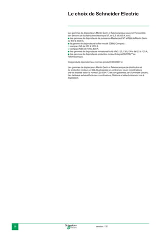 version: 1.028
Les gammes de disjoncteurs Merlin Gerin et Telemecanique couvrent l’ensemble
des besoins de la distribution électrique BT, de 0,5 à 6300 A, soit :
les gammes de disjoncteurs de puissance Masterpact NT et NW de Merlin Gerin
de 630 à 6300 A,
la gamme de disjoncteurs boîtier moulé (DBM) Compact :
compact NS de 630 à 3200 A
compact NSX de 100 à 630 A
les gammes de disjoncteurs miniatures Multi 9 NG125, C60, DPN de 0,5 à 125 A,
les gammes de disjoncteurs protection moteur Integral/GV2/GV7 de
Telemecanique.
Ces produits répondent aux normes produit CEI 60947-2.
Les gammes de disjoncteurs Merlin Gerin et Telemecanique de distribution et
de protection moteur ont été développées en cohérence. Leurs coordinations
ont été testées selon la norme CEI 60947-2 et sont garanties par Schneider Electric.
Les tableaux exhaustifs de ces coordinations, ﬁliations et sélectivités sont mis à
disposition.
b
b
v
v
b
b
Le choix de Schneider Electric
 