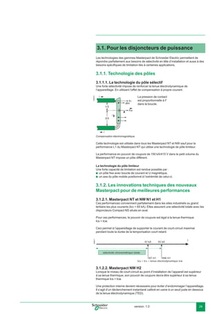 version: 1.0 29
3.1. Pour les disjoncteurs de puissance
Les technologies des gammes Masterpact de Schneider Electric permettent de
répondre parfaitement aux besoins de sélectivité en tête d’installation et aussi à des
besoins spéciﬁques de limitation liés à certaines applications.
3.1.1. Technologie des pôles
3.1.1.1. La technologie du pôle sélectif
Une forte sélectivité impose de renforcer la tenue électrodynamique de
l’appareillage. En utilisant l’effet de compensation à propre courant.
Compensation électromagnétique.
Cette technologie est utilisée dans tous les Masterpact NT et NW sauf pour la
performance L1 du Masterpact NT qui utilise une technologie de pôle limiteur.
La performance en pouvoir de coupure de 150 kA/415 V dans le petit volume du
Masterpact NT impose un pôle différent.
La technologie du pôle limiteur
Une forte capacité de limitation est rendue possible par :
un pôle ﬁxe avec boucle de courant et U magnétique,
un axe du pôle mobile positionné à l’extrémité de celui-ci.
3.1.2. Les innovations techniques des nouveaux
Masterpact pour de meilleures performances
3.1.2.1. Masterpact NT et NW N1 et H1
Ces performances conviennent parfaitement dans les sites industriels ou grand
tertiaire les plus courants (Icc < 65 kA). Elles assurent une sélectivité totale avec les
disjoncteurs Compact NS situés en aval.
Pour ces performances, le pouvoir de coupure est égal à la tenue thermique
Ics = Icw.
Ceci permet à l’appareillage de supporter le courant de court-circuit maximal
pendant toute la durée de la temporisation court retard.
E56817
42 kA I65 kA
NT H1 NW H1
sélectivité chronométrique totale
Icu = Ics = tenue électrodynamique Icw
3.1.2.2. Masterpact NW H2
Lorsque le niveau de court-circuit au point d’installation de l’appareil est supérieur
à sa tenue thermique, son pouvoir de coupure devra être supérieur à sa tenue
thermique Ics > Icw.
Une protection interne devient nécessaire pour éviter d’endommager l’appareillage.
Il s’agit d’un déclenchement instantané calibré en usine à un seuil juste en dessous
de la tenue électrodynamique (TED).
b
b
E56816
1/3
2/3
i
i
A
i
Fr
dfm
Fm
La pression de contact
est proportionnelle à I2
dans la boucle.
 
