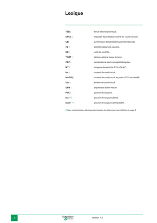 version: 1.02
TED : tenue electrodynamique.
DPCC : dispositif de protection contre les courts-circuits.
CEI : Commission Electrotechnique Internationale.
TC : transformateurs de courant.
UC : unité de contrôle.
TGBT : tableau général basse tension.
CEP : canalisations electriques préfabriquées.
MT : moyenne tension (de 1 kV à 36 kV).
Icc : courant de court-circuit.
Icc(D1) : courant de court-circuit au point où D1 est installé.
Ucc : tension de court-circuit.
DBM : disjoncteur boîtier moulé.
PdC : pouvoir de coupure.
Icu (1)
: pouvoir de coupure ultime.
IcuD1 (1)
: pouvoir de coupure ultime de D1.
(1) Les caractéristiques électriques principales des disjoncteurs sont déﬁnies en page 8.
Lexique
 