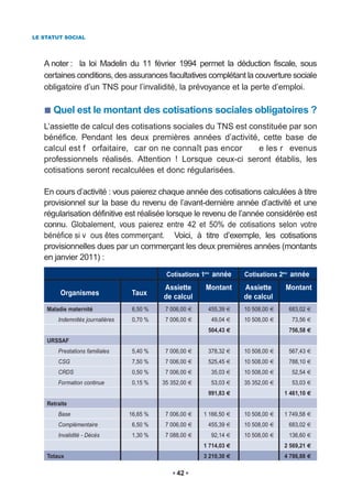 LE STATUT SOCIAL




   A noter : la loi Madelin du 11 février 1994 permet la déduction fiscale, sous
   certaines conditions, des assurances facultatives complétant la couverture sociale
   obligatoire d’un TNS pour l’invalidité, la prévoyance et la perte d’emploi.

      Quel est le montant des cotisations sociales obligatoires ?
   L’assiette de calcul des cotisations sociales du TNS est constituée par son
   bénéfice. Pendant les deux premières années d’activité, cette base de
   calcul est f orfaitaire, car on ne connaît pas encor       e les r evenus
   professionnels réalisés. Attention ! Lorsque ceux-ci seront établis, les
   cotisations seront recalculées et donc régularisées.

   En cours d’activité : vous paierez chaque année des cotisations calculées à titre
   provisionnel sur la base du revenu de l’avant-dernière année d’activité et une
   régularisation définitive est réalisée lorsque le revenu de l’année considérée est
   connu. Globalement, vous paierez entre 42 et 50% de cotisations selon votre
   bénéfice si v ous êtes commerçant. Voici, à titre d’exemple, les cotisations
   provisionnelles dues par un commerçant les deux premières années (montants
   en janvier 2011) :
                                             Cotisations 1ère année   Cotisations 2ère année
                                            Assiette      Montant     Assiette     Montant
         Organismes                Taux
                                            de calcul                 de calcul
    Maladie maternité              6,50 %    7 006,00      455,39     10 508,00      683,02
        Indemnités journalières    0,70 %    7 006,00       49,04     10 508,00       73,56
                                                           504,43                    756,58
    URSSAF
        Prestations familiales     5,40 %    7 006,00      378,32     10 508,00      567,43
        CSG                        7,50 %    7 006,00      525,45     10 508,00      788,10
        CRDS                       0,50 %    7 006,00       35,03     10 508,00       52,54
        Formation continue         0,15 %   35 352,00       53,03     35 352,00       53,03
                                                           991,83                  1 461,10
    Retraite
        Base                      16,65 %    7 006,00    1 166,50     10 508,00    1 749,58
        Complémentaire             6,50 %    7 006,00      455,39     10 508,00      683,02
        Invalidité - Décès         1,30 %    7 088,00       92,14     10 508,00      136,60
                                                         1 714,03                  2 569,21
    Totaux                                               3 210,30                  4 786,88

                                                 42
 