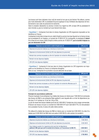 Les travaux sont donc déclarés à leur coût de revient et non pas au prix facturé. Par ailleurs, comme
pour toute déclaration CIR, le prestataire B pourra appliquer le taux forfaitaire des dépenses de fonc-
tionnement à ses coûts de personnel de recherche.
Selon la situation déclarative du donneur d’ordre A au regard du CIR, la base CIR du prestataire B
sera minorée ou pas du montant qu’il aura facturé (hors taxe).
• Hypothèse 1 : l’entreprise A est dans le champ d’application du CIR (organisme imposable sur les
bénéfices en France).
L’entreprise A inclut dans la base de son crédit d'impôt la somme hors taxe figurant sur la facture émise
par le prestataire B, en l’espèce, un montant de 10 000 € HT. En contrepartie, le prestataire B déduit
de la base de son propre crédit d’impôt la même somme de 10 000 € HT, que la société A dépose ou
pas une déclaration de CIR.
• Hypothèse 2 : l’entreprise A n’est pas dans le champ d’application du CIR (organisme non impo-
sable sur les bénéfices en France ou entreprise étrangère).
Dans ce cas, l’entreprise B ne procède à aucune déduction de sa base.
Exemple de sous-traitance plafonnée
Prenons l’exemple d’une entreprise A qui réalise des travaux en interne pour 7 000 000 € et commande
des travaux de R&D à une entreprise filiale agréée B, avec laquelle elle a un lien de dépendance (au
titre des 2e à 4e alinéas du 12 de l'art. 39 du CGI).
Le prix de revient des travaux réalisés par B est de 3 000 000 €. Compte tenu de la marge commerciale,
B facture ces travaux à A pour un montant de 3 600 000 € HT soit 4 320 000 € TTC. En rémunération
de la prestation fournie, A verse à B cette même somme.
Par ailleurs B a réalisé des travaux de R&D en interne pour un montant de 5 000 000 €. Au total, B a
réalisé pour 8 000 000 € de R&D dont une partie (3 000 000 €) a été vendue à la société A.
Guide du Crédit d’impôt recherche 2015
19
Dépenses ouvrant droit à crédit d’impôt pour B CIR pour B
Dépenses de personnel relatives aux chercheurs et techniciens 15 000 €
Dépenses de fonctionnement (forfait de 50% des dépenses de personnel) 7 500 €
Montant des sommes encaissées au titre de l’opération de recherche effectuée pour A - 10 000 €
Montant net des dépenses éligibles 12 500 €
CIR (30% des dépenses éligibles) 3 750 €
Dépenses ouvrant droit à crédit d’impôt pour A CIR pour A
Dépenses de personnel relatives aux chercheurs et techniciens 7 000 000 €
Dépenses de fonctionnement (forfait de 50% des dépenses de personnel) 3 500 000 €
Sous traitance auprès d’un organisme privé avec lien de dépendance
(plafond 2 M€ quel que soit le montant de la facture, en l’occurrence 3,6 M€ HT) 2 000 000 €
Montant net des dépenses éligibles 12 500 000 €
CIR (30% des dépenses éligibles) 3 750 000 €
Dépenses ouvrant droit à crédit d’impôt pour B CIR pour B
Dépenses de personnel relatives aux chercheurs et techniciens 15 000 €
Dépenses de fonctionnement (forfait de 50% des dépenses de personnel) 7 500 €
Montant des sommes encaissées au titre de l’opération de recherche effectuée pour A 0 €
Montant net des dépenses éligibles 22 500 €
CIR (30% des dépenses éligibles) 6 750€
 
