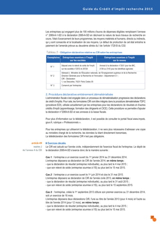 Guide du Crédit d’impôt recherche 2015
27
article 49
septies J
de l’annexe II du CGI
Les entreprises qui engagent plus de 100 millions d’euros de dépenses éligibles remplissent l’annexe
n° 2069-A-1-SD à la déclaration 2069-A-SD en décrivant la nature de leurs travaux de recherche en
cours, l’état d’avancement de leurs programmes, les moyens matériels et humains, directs ou indirects,
qui y sont consacrés et la localisation de ces moyens. Le défaut de production de cet état entraîne le
paiement de l’amende prévue au deuxième alinéa du I de l’article 1729 B du CGI.
2. Procédure déclarative entièrement dématérialisée
L’administration fiscale s’est engagée dans un processus de dématérialisation progressive des déclarations
de crédit d’impôts. Pour cela, les formulaires CIR vont être intégrés dans la procédure dématérialisée TDFC
(procédure EDI), utilisée actuellement par les entreprises pour les déclarations de résultats et d'autres
crédits d'impôt (apprentissage, formation des dirigeants et CICE). Cette procédure va permettre d'ajouter
la déclaration n°2069-A-SD et ses annexes à la liasse fiscale.
Pour plus d'information sur la télédéclaration, il est possible de consulter le portail fiscal www.impots.
gouv.fr, rubrique « Professionnels ».
Pour les entreprises qui utiliseront la télédéclaration, il ne sera plus nécessaire d’adresser une copie
au ministère chargé de la recherche, les données lui étant directement transmises.
La télédéclaration des formulaires CIR n’est pas obligatoire.
Q Exercices décalés
Le CIR est calculé sur l'année civile, indépendamment de l'exercice fiscal de l'entreprise. Le dépôt de
la déclaration 2069-A-SD s’exerce donc de la manière suivante :
Cas 1 : l’entreprise a un exercice ouvert du 1er janvier 2014 au 31 décembre 2014.
L’entreprise déposera sa déclaration de CIR de l'année 2014, en même temps :
- que la déclaration de résultat (entreprise individuelle), au plus tard le 4 mai 2015 ;
- que son relevé de solde (entreprise soumise à l’IS) au plus tard le 15 mai 2015.
Cas 2 : l’entreprise a un exercice ouvert le 1er juin 2014 et clos le 31 mai 2015.
L'entreprise déposera sa déclaration de CIR de l'année civile 2013, en même temps :
- que la déclaration de résultat (entreprise individuelle), au plus tard le 31 août 2015 ;
- que son relevé de solde (entreprise soumise à l’IS), au plus tard le 15 septembre 2015.
Cas 3 : l‘entreprise, créée le 1er septembre 2013 clôture son premier exercice au 31 décembre 2014,
soit un exercice de 16 mois.
L'entreprise déposera deux déclarations CIR, l'une au titre de l'année 2013 (pour 4 mois) et l'autre au
titre de l'année 2014 (pour 12 mois), en même temps :
- que la déclaration de résultat (entreprise individuelle), au plus tard le 4 mai 2015 ;
- que son relevé de solde (entreprise soumise à l’IS) au plus tard le 15 mai 2015.
Tableau 3 - Obligation déclarative relative au CIR selon les entreprises
Exemplaires Entreprises soumises à l'impôt Entreprises soumises à l'impôt
sur les sociétés sur le revenu
N° 1
Déposé avec le relevé de solde de l'impôt Annexé à la déclaration n°2031 pour les BIC,
sur les sociétés n°2572 et 2572A 2139 ou 2143 pour les bénéfices agricoles
Adressé à : Ministère de l'Éducation nationale, de l’Enseignement supérieur et de la Recherche
N° 2 Direction Générale pour la Recherche et l’Innovation - Département C1 -
CIR - Déclaration
1, rue Descartes, 75231 Paris Cedex 05
N° 3 Conservé par l'entreprise
 