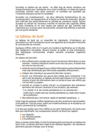 Surveillez la rotation de vos stocks : en effet trop de stocks constitue une
charge financière pour l’entreprise, et un stock insuffisant, un risque de rupture
d’activités. Estimez votre stock minimum, et contrôlez ses quantités par
l’inventaire physique annuel et comptable.
Surveillez vos investissements : les deux éléments fondamentaux de vos
investissements, les équipements et le besoin en fonds de roulement, doivent
être maîtrisés tout particulièrement en période de croissance rapide. Sachez
accepter ou refuser les nouveaux marchés en fonction des capacités réelles
de votre entreprise et ne vous laissez pas séduire par des marchés trop
importants qui, en bousculant vos prévisions, seraient trop difficiles à assimiler
par une jeune entreprise.
Le tableau de bord
Le tableau de bord est un ensemble de clignotants, d’indicateurs qui
permettent au chef d’entreprise d’avoir une approche de la situation financière
et commerciale du moment.
Quelques chiffres clefs (4 à 5) ayant une incidence significative sur le résultat,
très rapidement calculables, doivent éclairer et guider le chef d’entreprise.
Des statistiques commerciales simples viennent consolider l’approche
financière.
Un tableau de bord doit :
être suffisamment complet pour fournir les bonnes informations au bon
moment : certains indicateurs seront suivis tous les jours, d’autres tous
les mois ou tous les ans ;
éviterdenoyerledirigeantsousunflotd’informationscertesintéressantes
mais trop nombreuses pour être toutes exploitées efficacement ;
intégrer des indicateurs qui pourront être bien compris ;
fournir une information qui pourra être traitée dans l’entreprise. Il ne
sert à rien de préparer un tableau de bord sophistiqué si l’on n’a pas les
moyens d’avoir les informations dans un temps et avec des efforts que
l’on est prêt à accepter ;
prendre en compte la notion d’écart. La comparaison des indicateurs
permettra de mesurer l’évolution d’une situation, par exemple :
	 - C.A. réalisé / C.A. de l’année précédente ou C.A. prévisionnel ;
	 - crédit client / crédit client de l’année précédente ou crédit client moyen
de la profession ;
être présenté pour une lecture rapide et agréable (graphique…).
Il doit s’agir de quelques chiffres rapidement calculés, facilement mémorisables,
d’actualité (ex : tous les mois), ayant une incidence directe sur le résultat ou sur
l’avenir commercial de l’entreprise.
Il ne faut pas oublier que si les chiffres en soi sont intéressants, les écarts sont
bien plus significatifs. Les comparaisons (écarts) se feront par rapport :
aux objectifs ;
aux résultats passés ;
à la profession.
Dans un temps raisonnable, le chef d’entreprise doit avoir bouclé son tableau de
bord. Enfin, ce dernier doit faire l’objet d’une réflexion régulière : les indicateurs
pertinents peuvent changer avec le temps.
23
 