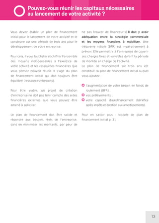 13
Pouvez-vous réunir les capitaux nécessaires
au lancement de votre activité ?
Vous devez établir un plan de financement
initial pour le lancement de votre activité et le
construire sur une période de trois ans pour le
développement de votre entreprise.
Pour cela, il vous faut lister et chiffrer l’ensemble
des moyens indispensables à l’exercice de
votre activité et les ressources financières que
vous pensez pouvoir réunir. Il s’agit du plan
de financement initial qui doit toujours être
équilibré (ressources=besoins).
Pour être viable, un projet de création
d’entreprise ne doit pas tenir compte des aides
financières externes que vous pouvez être
amené à solliciter.
Le plan de financement doit être solide et
répondre aux besoins réels de l’entreprise,
sans en minimiser les montants, par peur de
ne pas trouver de financeur(s).Il doit y avoir
adéquation entre la stratégie commerciale
et les moyens financiers à mobiliser. Une
trésorerie initiale (BFR) est impérativement à
prévoir. Elle permettra à l’entreprise de couvrir
ses charges fixes et variables durant la période
de montée en charge de l’activité.
Le plan de financement sur trois ans est
constitué du plan de financement initial auquel
vous ajoutez :
	l’augmentation de votre besoin en fonds de
roulement (BFR) ;
	vos prélèvements ;
	votre capacité d’autofinancement (bénéfice
après impôts et dotation aux amortissements).
Pour en savoir plus : Modèle de plan de
financement initial p. 31
 