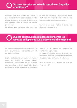 14
Enumérez d’un côté toutes les charges à
supporter et de l’autre les recettes escomptées
afin de déterminer le résultat de l’entreprise.
Vous établirez ainsi le compte de résultat
prévisionnel.
Par ailleurs, vous calculerez votre point mort
Les encaissements générés par votre activité ne
sont pas synchronisés avec vos décaissements
sur la même période.
Le plan de trésorerie sur douze mois reprend
toutes les entrées et sorties d’argent
mensuelles. Ce prévisionnel des flux financiers
vous permettra de définir les périodes durant
lesquelles un besoin de trésorerie (découvert)
ou seuil de rentabilité c’est-à-dire le chiffre
d’affaires minimum que doit réaliser l’entreprise
pour couvrir l’ensemble de ses charges.
Pour en savoir plus : Modèle de compte de
résultat prévisionnel p. 32
apparaît et de prévoir les solutions de
financement appropriées.
Ce travail prévisionnel permet de prendre en
compte les effets de saisonnalité des recettes
et des achats sur la situation de trésorerie.
Pour en savoir plus : Modèle de plan de
trésorerie p. 34
Quellesconséquencesdudéséquilibreentreles
recettesetdépensessurlatrésoreriedel’entreprise?
Votre entreprise sera-t-elle rentable et à quelles
conditions ?
 