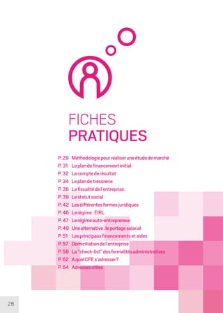 28
FICHES
PRATIQUES
p.29	 Méthodologiepourréaliseruneétudedemarché
p.31	 Leplandefinancementinitial
p.32	 Lecomptederésultat
p.34	 Leplandetrésorerie
p.36	 Lafiscalitédel’entreprise.
p.39	 Lestatutsocial
p.42	 Lesdifférentesformesjuridiques
p.46	 Lerégime:EIRL
p.47	 Lerégimeauto-entrepreneur
p.49	 Unealternative:leportagesalarial
p.51	 Lesprincipauxfinancementsetaides
p.57	 Domiciliationdel’entreprise
p.58	 La“check-list”desformalitésadministratives
p.62	 AquelCFEs’adresser?
p.64	 Adressesutiles
 