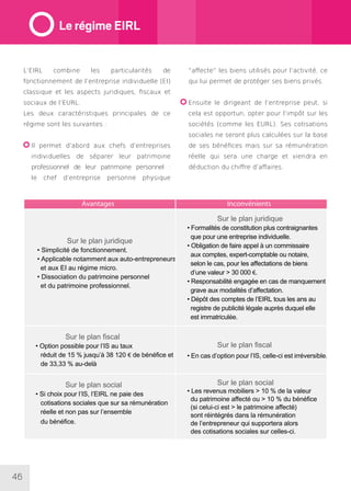 46
L’EIRL combine les particularités de
fonctionnement de l’entreprise individuelle (EI)
classique et les aspects juridiques, fiscaux et
sociaux de l’EURL.
Les deux caractéristiques principales de ce
régime sont les suivantes :
Il permet d’abord aux chefs d’entreprises
individuelles de séparer leur patrimoine
professionnel de leur patrimoine personnel :
le chef d’entreprise personne physique
“affecte” les biens utilisés pour l’activité, ce
qui lui permet de protéger ses biens privés.
Ensuite le dirigeant de l’entreprise peut, si
cela est opportun, opter pour l’impôt sur les
sociétés (comme les EURL). Ses cotisations
sociales ne seront plus calculées sur la base
de ses bénéfices mais sur sa rémunération
réelle qui sera une charge et viendra en
déduction du chiffre d’affaires.
Avantages Inconvénients
Sur le plan juridique
• Simplicité de fonctionnement.
• Applicable notamment aux auto-entrepreneurs
et aux EI au régime micro.
• Dissociation du patrimoine personnel
et du patrimoine professionnel.
Sur le plan juridique
• Formalités de constitution plus contraignantes
que pour une entreprise individuelle.
• Obligation de faire appel à un commissaire
aux comptes, expert-comptable ou notaire,
selon le cas, pour les affectations de biens
d’une valeur  30 000 €.
• Responsabilité engagée en cas de manquement
grave aux modalités d’affectation.
• Dépôt des comptes de l’EIRL tous les ans au
registre de publicité légale auprès duquel elle
est immatriculée.
Sur le plan fiscal
• Option possible pour l’IS au taux
réduit de 15 % jusqu’à 38 120 € de bénéfice et
de 33,33 % au-delà
Sur le plan fiscal
• En cas d’option pour l’IS, celle-ci est irréversible.
Sur le plan social
• Si choix pour l’IS, l’EIRL ne paie des
cotisations sociales que sur sa rémunération
réelle et non pas sur l’ensemble
du bénéfice.
Sur le plan social
• Les revenus mobiliers  10 % de la valeur
du patrimoine affecté ou  10 % du bénéfice
(si celui-ci est  le patrimoine affecté)
sont réintégrés dans la rémunération
de l’entrepreneur qui supportera alors
des cotisations sociales sur celles-ci.
Le régime EIRL
 