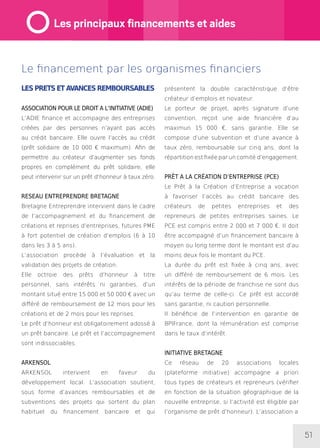 51
Le financement par les organismes financiers
LES PRETS ET AVANCES REMBOURSABLES
ASSOCIATION POUR LE DROIT A L’INITIATIVE (ADIE)
L’ADIE finance et accompagne des entreprises
créées par des personnes n’ayant pas accès
au crédit bancaire. Elle ouvre l’accès au crédit
(prêt solidaire de 10 000 € maximum). Afin de
permettre au créateur d’augmenter ses fonds
propres en complément du prêt solidaire, elle
peut intervenir sur un prêt d’honneur à taux zéro.
RESEAU ENTREPRENDRE BRETAGNE
Bretagne Entreprendre intervient dans le cadre
de l’accompagnement et du financement de
créations et reprises d’entreprises, futures PME
à fort potentiel de création d’emplois (6 à 10
dans les 3 à 5 ans).
L’association procède à l’évaluation et la
validation des projets de création.
Elle octroie des prêts d’honneur à titre
personnel, sans intérêts ni garanties, d’un
montant situé entre 15 000 et 50 000 € avec un
différé de remboursement de 12 mois pour les
créations et de 2 mois pour les reprises.
Le prêt d’honneur est obligatoirement adossé à
un prêt bancaire. Le prêt et l’accompagnement
sont indissociables.
ARKENSOL
ARKENSOL intervient en faveur du
développement local. L’association soutient,
sous forme d’avances remboursables et de
subventions des projets qui sortent du plan
habituel du financement bancaire et qui
présentent la double caractéristique d’être
créateur d’emplois et novateur.
Le porteur de projet, après signature d’une
convention, reçoit une aide financière d’au
maximun 15 000 €, sans garantie. Elle se
compose d’une subvention et d’une avance à
taux zéro, remboursable sur cinq ans, dont la
répartition est fixée par un comité d’engagement.
PRÊT A LA CRÉATION D’ENTREPRISE (PCE)
Le Prêt à la Création d’Entreprise a vocation
à favoriser l’accès au crédit bancaire des
créateurs de petites entreprises et des
repreneurs de petites entreprises saines. Le
PCE est compris entre 2 000 et 7 000 €. Il doit
être accompagné d’un financement bancaire à
moyen ou long terme dont le montant est d’au
moins deux fois le montant du PCE.
La durée du prêt est fixée à cinq ans, avec
un différé de remboursement de 6 mois. Les
intérêts de la période de franchise ne sont dus
qu’au terme de celle-ci. Ce prêt est accordé
sans garantie, ni caution personnelle.
Il bénéficie de l’intervention en garantie de
BPIFrance, dont la rémunération est comprise
dans le taux d’intérêt.
INITIATIVE BRETAGNE
Ce réseau de 20 associations locales
(plateforme initiative) accompagne a priori
tous types de créateurs et repreneurs (vérifier
en fonction de la situation géographique de la
nouvelle entreprise, si l’activité est éligible par
l’organisme de prêt d’honneur). L’association a
Les principaux financements et aides
 