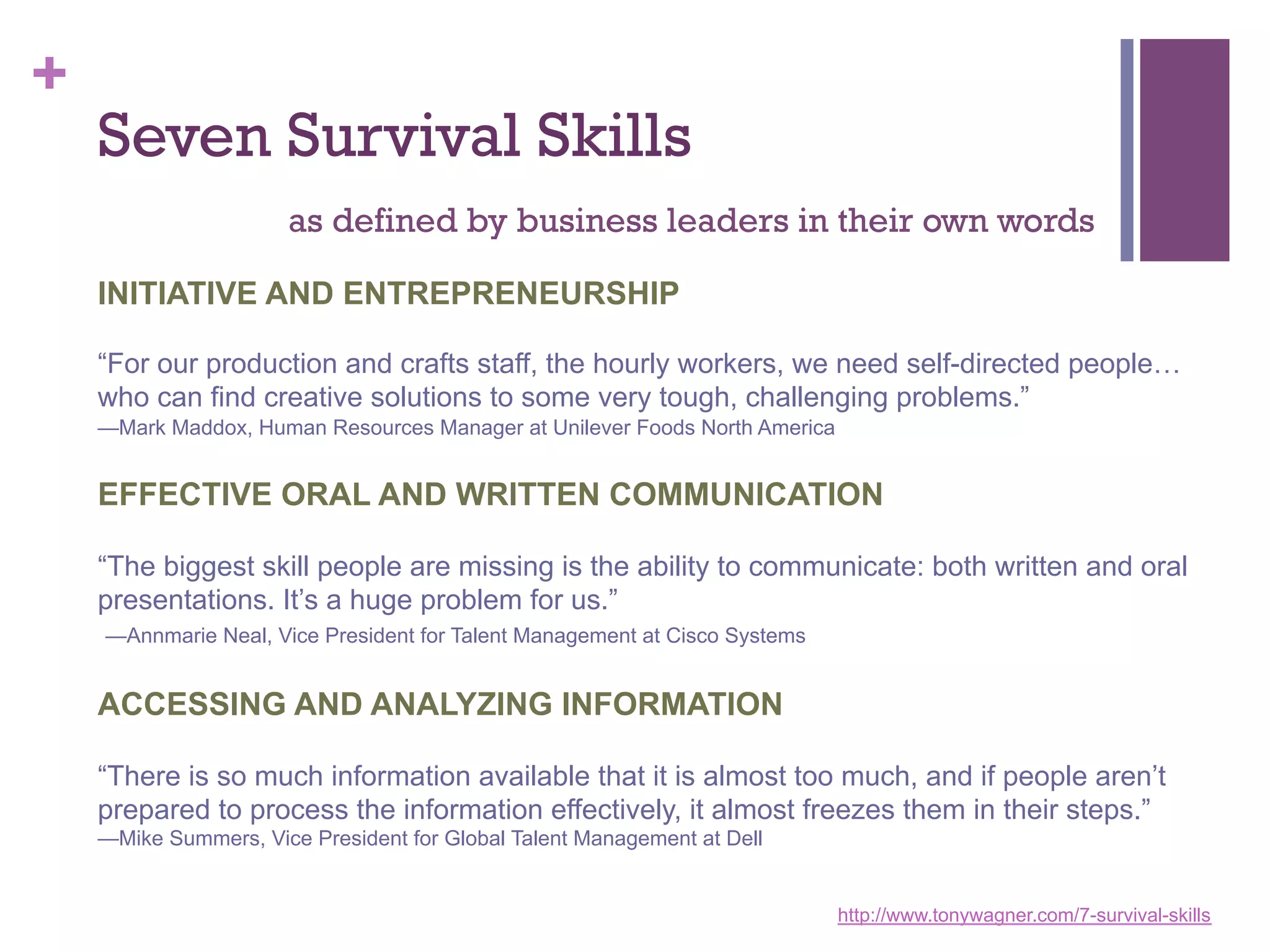 +

Seven Survival Skills
as defined by business leaders in their own words
INITIATIVE AND ENTREPRENEURSHIP
“For our production and crafts staff, the hourly workers, we need self-directed people…
who can find creative solutions to some very tough, challenging problems.”
—Mark Maddox, Human Resources Manager at Unilever Foods North America

EFFECTIVE ORAL AND WRITTEN COMMUNICATION
“The biggest skill people are missing is the ability to communicate: both written and oral
presentations. It’s a huge problem for us.”
—Annmarie Neal, Vice President for Talent Management at Cisco Systems

ACCESSING AND ANALYZING INFORMATION
“There is so much information available that it is almost too much, and if people aren’t
prepared to process the information effectively, it almost freezes them in their steps.”
—Mike Summers, Vice President for Global Talent Management at Dell

http://www.tonywagner.com/7-survival-skills

 