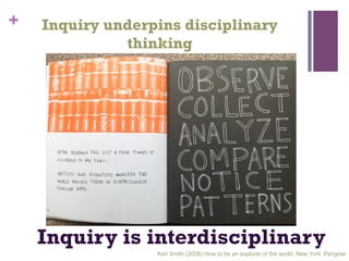 +

Inquiry underpins disciplinary
thinking

Inquiry is interdisciplinary
Keri Smith (2008) How to be an explorer of the world. New York: Perigree

 