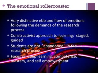 + The emotional rollercoaster
§  Very	
  dis7nc7ve	
  ebb	
  and	
  ﬂow	
  of	
  emo7ons	
  
following	
  the	
  demands	
  of	
  the	
  research	
  
process	
  
§  Construc7vist	
  approach	
  to	
  learning:	
  	
  staged,	
  
guided	
  
§  Students	
  are	
  not	
  ‘abandoned’	
  in	
  the	
  
research	
  process	
  
§  Focus	
  on	
  deep	
  learning,	
  competence,	
  
mastery,	
  and	
  self	
  empowerment	
  	
  
	
  

 