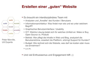 Erstellen einer „guten“ WebsiteEs braucht ein interdisziplinäres Team mitAnalysten und „Anwälte“ des Kunden / BenutzersInformationsarchitektur: Was findet man wie und wo unter welchem Begriff?Graphisches Benutzerinterface / UsabilityICT: Welche Lösung bietet sich für welches Umfeld an: MakeorBuy, Open Source vs. ProduktBetrieb: Wer pflegt die Inhalte in Web und Blog, analysiert die Benutzerströme, erweitert die Plattform, erbringt Support für Kunden?Budget: Wie rechnet sich die Website, was darf sie kosten oder muss sie einnehmen?u.v.m.Und viel Enthusiasmus und Engagement hilft ;-)Peter Morville, UX Experte