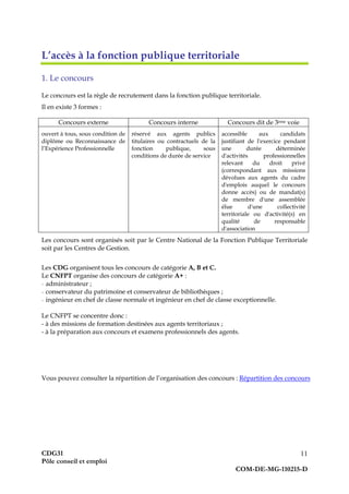 CDG31
Pôle conseil et emploi
COM-DE-MG-110215-D
11
L’accès à la fonction publique territoriale
1. Le concours
Le concours est la règle de recrutement dans la fonction publique territoriale.
Il en existe 3 formes :
Concours externe Concours interne Concours dit de 3ème voie
ouvert à tous, sous condition de
diplôme ou Reconnaissance de
l’Expérience Professionnelle
réservé aux agents publics
titulaires ou contractuels de la
fonction publique, sous
conditions de durée de service
accessible aux candidats
justifiant de l'exercice pendant
une durée déterminée
d'activités professionnelles
relevant du droit privé
(correspondant aux missions
dévolues aux agents du cadre
d'emplois auquel le concours
donne accès) ou de mandat(s)
de membre d'une assemblée
élue d'une collectivité
territoriale ou d'activité(s) en
qualité de responsable
d'association
Les concours sont organisés soit par le Centre National de la Fonction Publique Territoriale
soit par les Centres de Gestion.
Les CDG organisent tous les concours de catégorie A, B et C.
Le CNFPT organise des concours de catégorie A+ :
- administrateur ;
- conservateur du patrimoine et conservateur de bibliothèques ;
- ingénieur en chef de classe normale et ingénieur en chef de classe exceptionnelle.
Le CNFPT se concentre donc :
- à des missions de formation destinées aux agents territoriaux ;
- à la préparation aux concours et examens professionnels des agents.
Vous pouvez consulter la répartition de l’organisation des concours : Répartition des concours
 