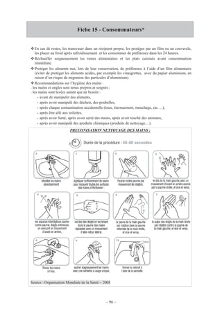 – 96 –
Fiche 15 - Consommateurs*
En cas de restes, les transvaser dans un récipient propre, les protéger par un film ou un couvercle,
les placer au froid après refroidissement et les consommer de préférence dans les 24 heures.
Réchauffer soigneusement les restes alimentaires et les plats cuisinés avant consommation
immédiate.
Protéger les aliments nus, lors de leur conservation, de préférence à l’aide d’un film alimentaire
(éviter de protéger les aliments acides, par exemple les vinaigrettes, avec du papier aluminium, en
raison d’un risque de migration des particules d’aluminium).
Recommandations sur l’hygiène des mains :
. les mains et ongles sont tenus propres et soignés ;
. les mains sont lavées autant que de besoin :
- avant de manipuler des aliments,
- après avoir manipulé des déchets, des poubelles,
- après chaque contamination accidentelle (toux, éternuement, mouchage, etc. ...),
- après être allé aux toilettes,
- après avoir fumé, après avoir serré des mains, après avoir touché des animaux,
- après avoir manipulé des produits chimiques (produits de nettoyage…).
PRECONISATION NETTOYAGE DES MAINS :
Source : Organisation Mondiale de la Santé – 2008
 