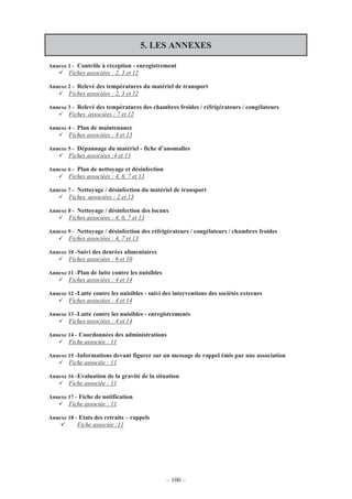 – 100 –
5. LES ANNEXES
Annexe 1 - Contrôle à réception - enregistrement
Fiches associées : 2, 3 et 12
Annexe 2 - Relevé des températures du matériel de transport
Fiches associées : 2, 3 et 12
Annexe 3 - Relevé des températures des chambres froides / réfrigérateurs / congélateurs
Fiches associées : 7 et 12
Annexe 4 - Plan de maintenance
Fiches associées : 4 et 13
Annexe 5 - Dépannage du matériel - fiche d’anomalies
Fiches associées :4 et 13
Annexe 6 - Plan de nettoyage et désinfection
Fiches associées : 4, 6, 7 et 13
Annexe 7 - Nettoyage / désinfection du matériel de transport
Fiches associées : 2 et 13
Annexe 8 - Nettoyage / désinfection des locaux
Fiches associées : 4, 6, 7 et 13
Annexe 9 - Nettoyage / désinfection des réfrigérateurs / congélateurs / chambres froides
Fiches associées : 4, 7 et 13
Annexe 10 -Suivi des denrées alimentaires
Fiches associées : 6 et 10
Annexe 11 -Plan de lutte contre les nuisibles
Fiches associées : 4 et 14
Annexe 12 -Lutte contre les nuisibles - suivi des interventions des sociétés externes
Fiches associées : 4 et 14
Annexe 13 -Lutte contre les nuisibles - enregistrements
Fiches associées : 4 et 14
Annexe 14 - Coordonnées des administrations
Fiche associée : 11
Annexe 15 -Informations devant figurer sur un message de rappel émis par une association
Fiche associée : 11
Annexe 16 -Evaluation de la gravité de la situation
Fiche associée : 11
Annexe 17 - Fiche de notification
Fiche associée : 11
Annexe 18 - Etats des retraits – rappels
Fiche associée :11
 