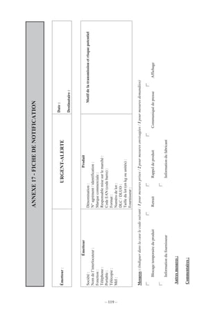 – 119 –
ANNEXE17-FICHEDENOTIFICATION
Date:
Émetteur:URGENT-ALERTE
Destinataire:
ÉmetteurProduit
Société:Dénomination:
Nomdel’interlocuteur:N°agrément/identification:
Fonction:Marquecommerciale:
Téléphone:Responsablemisesurlemarché:
Portable:CodeEAN(codebarre):
Télécopie:Format:
Mél:Numérodelot:
DLC/DLUO:
Tailledulot(enkgouunités):
Fournisseur:
Motifdelatransmissionetrisquepotentiel
Mesures:(indiquerdanslacaselecodesuivant:1pourmesuresprises/2pourmesuresenvisagées/3pourmesuresdemandées)
BlocagetemporaireduproduitRetraitRappeldeproduitCommuniquédepresseAffichage
InformationdufournisseurInformationdufabricant
Autresmesures:
Commentaires:
 