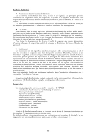 – 12 –
Les flores d’altération
• Pseudomonas et autres bactéries d’altération :
On les retrouve essentiellement dans l’eau, les sols et les végétaux. Les principaux produits
contaminés sont les produits laitiers, les ovoproduits, les viandes et les végétaux. Ces bactéries sont
responsables de l’altération des denrées alimentaires (altération du goût, de la texture, de l’odeur, de la
couleur…)
Les associations caritatives sont peu concernées par ces micro-organismes car ils sont traités par
les industries agroalimentaires. Le respect de la chaîne du froid limite leur développement.
• Les levures :
Très répandues dans la nature, les levures affectent particulièrement les produits acides, sucrés,
salés ou riches en matière grasse. La plupart des levures rencontrées sur les aliments appartiennent aux
familles des Saccharomycetaceae et Crytococcaceae. En général les levures ne sont pas pathogènes.
La contamination des aliments par les levures provoque des changements indésirables sur les produits
(altération du goût, de la texture, augmentation du pH…)
Pour limiter le développement des levures, il suffit de respecter des mesures élémentaires
d’hygiène, telles que : la propreté du matériel, le nettoyage et désinfection des locaux, l’hygiène du
personnel.
• Moisissures :
Les moisissures sont très répandues dans l’environnement ; elles sont communes dans le sol et
dans les poussières en suspension dans l’air. Lorsque les conditions d’humidité, d’aération et de
température s’y prêtent, les moisissures peuvent se développer sur presque tous les aliments. Certaines
moisissures peuvent produire des mycotoxines et provoquer des intoxications alimentaires. Les
mycotoxines sont les contaminants naturels de nombreuses denrées d'origine végétale, ainsi que des
aliments composés ou manufacturés destinés à l'alimentation. Elles peuvent également être retrouvées
dans le lait, les œufs, les viandes ou les abats, si les animaux ont été exposés à une alimentation
contaminée par les mycotoxines. Plus de 300 d'entre elles ont été identifiées, mais seules une trentaine
possèdent des propriétés toxiques réellement préoccupantes pour l'homme. Certaines sont
cancérigènes et mutagènes alors que d'autres peuvent être dommageables pour le foie, les reins ou le
système nerveux.
Les trois principales familles de moisissures impliquées lors d'intoxications alimentaires sont :
Aspergillus, Penicillium et Fusarium.
L’écartement de la distribution des produits contaminés par les moisissures (fruits et légumes frais,
produits sous vide dont l’emballage n’est plus hermétique) est indispensable.
Les parasites
Les principaux parasites sont (source : fiches « parasites » de l’AFSSA)
-Anisakis spp, Pseudoterranova : ver du hareng, de la morue ;
-Cryptosporidium spp : protozoaire* ;
-Cyclospora spp : protozoaire ;
-Diphyllobithrium latum : cestode* ;
-Entamoeba hystolytica : amibe* ;
-Enterocytozoon bieneusi : protozoaire ;
-Fasciola hepatica : grande douve du foie ;
-Toxoplasma gondii : protozoaire ;
-Trichinella spp : ver rond ;
-Taenia spp : ver plat rubané.
L’activité de distribution en elle-même ne comporte pas de facteur de risque de contamination par
des parasites. Ce type de danger ne sera donc pas traité.
En général, une bonne cuisson des aliments et une hygiène rigoureuse permettent de détruire les larves
de parasites (ces recommandations seront reprises dans la fiche « consommateurs »).
 