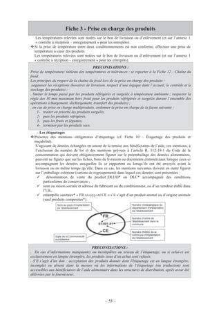 – 55 –
Fiche 3 - Prise en charge des produits
Les températures relevées sont notées sur le bon de livraison ou d’enlèvement (et sur l’annexe 1
« contrôle à réception – enregistrement » pour les entrepôts).
Si la prise de température entre deux conditionnements est non conforme, effectuer une prise de
température à cœur des produits.
Les températures relevées sont notées sur le bon de livraison ou d’enlèvement (et sur l’annexe 1
« contrôle à réception – enregistrement » pour les entrepôts).
PRECONISATIONS :
Prise de température/ tableau des températures et tolérances : se reporter à la Fiche 12 - Chaîne du
froid.
Les principes du respect de la chaîne du froid lors de la prise en charge des produits :
.organiser les réceptions (horaires de livraison, respect d’une logique dans l’accueil, le contrôle et le
stockage des produits) ;
. limiter le temps passé par les produits réfrigérés et surgelés à température ambiante : respecter la
règle des 30 min maximum hors froid pour les produits réfrigérés et surgelés durant l’ensemble des
opérations (chargement, déchargement, transfert des produits) ;
. en cas de prise en charge multiproduits, ordonner la prise en charge de la façon suivante :
1- traiter en priorité les produits surgelés,
2- puis les produits réfrigérés,
3- puis les fruits et légumes,
4- terminer par les produits secs.
- Les étiquetages
Présence des mentions obligatoires d’étiquetage (cf. Fiche 10 – Étiquetage des produits et
traçabilité).
S’agissant de denrées échangées en amont de la remise aux bénéficiaires de l’aide, ces mentions, à
l’exclusion du numéro de lot et des mentions prévues à l’article R. 112-19-1 du Code de la
consommation qui doivent obligatoirement figurer sur le préemballage des denrées alimentaires,
peuvent ne figurer que sur les fiches, bons de livraison ou documents commerciaux lorsque ceux-ci
accompagnent les denrées auxquelles ils se rapportent ou lorsqu’ils ont été envoyés avant la
livraison ou en même temps qu’elle. Dans ce cas, les mentions suivantes doivent en outre figurer
sur l’emballage extérieur (cartons de regroupement) dans lequel ces denrées sont présentées :
dénomination de vente du produit ;DLUO* ou DLC* accompagnée des conditions
particulières de conservation ;
nom ou raison sociale et adresse du fabricant ou du conditionneur, ou d’un vendeur établi dans
l’UE,
estampille sanitaire* « FR xx-yyy-zz CE » s’il s’agit d’un produit animal ou d’origine animale
(sauf produits composites*).
PRECONISATIONS :
. En cas d’informations manquantes ou incomplètes au niveau de l’étiquetage, ou si celui-ci est
exclusivement en langue étrangère, les produits issus d’un achat sont refusés.
. S’il s’agit d’un don : acceptation des produits donnés dont l'étiquetage est en langue étrangère,
incomplet ou absent dans la mesure où les informations de l’étiquetage (ou traduction) sont
accessibles aux bénéficiaires de l’aide alimentaire dans les structures de distribution, après avoir été
délivrées par le fournisseur.
 
