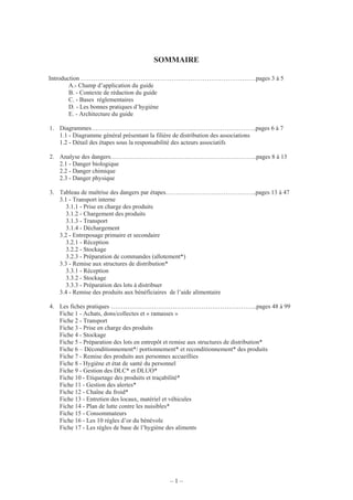 – 1 –
SOMMAIRE
Introduction ………………………………………………………………………….pages 3 à 5
A.- Champ d’application du guide
B. - Contexte de rédaction du guide
C. - Bases réglementaires
D. - Les bonnes pratiques d’hygiène
E. - Architecture du guide
1. Diagrammes…………………………………………..…………………………pages 6 à 7
1.1 - Diagramme général présentant la filière de distribution des associations
1.2 - Détail des étapes sous la responsabilité des acteurs associatifs
2. Analyse des dangers……………………………………………………………..pages 8 à 13
2.1 - Danger biologique
2.2 - Danger chimique
2.3 - Danger physique
3. Tableau de maîtrise des dangers par étapes……………………………………..pages 13 à 47
3.1 - Transport interne
3.1.1 - Prise en charge des produits
3.1.2 - Chargement des produits
3.1.3 - Transport
3.1.4 - Déchargement
3.2 - Entreposage primaire et secondaire
3.2.1 - Réception
3.2.2 - Stockage
3.2.3 - Préparation de commandes (allotement*)
3.3 - Remise aux structures de distribution*
3.3.1 - Réception
3.3.2 - Stockage
3.3.3 - Préparation des lots à distribuer
3.4 - Remise des produits aux bénéficiaires de l’aide alimentaire
4. Les fiches pratiques ……………………………………………………………..pages 48 à 99
Fiche 1 - Achats, dons/collectes et « ramasses »
Fiche 2 - Transport
Fiche 3 - Prise en charge des produits
Fiche 4 - Stockage
Fiche 5 - Préparation des lots en entrepôt et remise aux structures de distribution*
Fiche 6 – Déconditionnement*/ portionnement* et reconditionnement* des produits
Fiche 7 - Remise des produits aux personnes accueillies
Fiche 8 - Hygiène et état de santé du personnel
Fiche 9 - Gestion des DLC* et DLUO*
Fiche 10 - Etiquetage des produits et traçabilité*
Fiche 11 - Gestion des alertes*
Fiche 12 - Chaîne du froid*
Fiche 13 - Entretien des locaux, matériel et véhicules
Fiche 14 - Plan de lutte contre les nuisibles*
Fiche 15 - Consommateurs
Fiche 16 - Les 10 règles d’or du bénévole
Fiche 17 - Les règles de base de l’hygiène des aliments
 