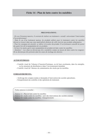 – 93 –
Fiche 14 - Plan de lutte contre les nuisibles
AUTOCONTROLES
- Contrôle visuel de l’absence d’insectes/d’animaux, ou de leurs excréments, dans les entrepôts.
ou les structures de distribution et dans l’environnement immédiat.
- Contrôle visuel de l’absence de contamination des stocks par les nuisibles.
ENREGISTREMENTS :
- Archivage des comptes-rendus et demandes d’intervention des sociétés spécialisées.
- Enregistrement des contrôles et des opérations de traitement.
PRECONISATIONS :
. En cas d’invasion massive, il convient de réaliser un traitement « curatif » nécessitant l’intervention
d’un professionnel.
. Dans le cas d’un traitement maison, les produits utilisés pour le traitement contre les nuisibles
doivent se trouver dans une zone matérialisée distincte de celle réservée aux produits alimentaires.
. Pour les consignes de sécurité, se référer à la notice du produit. Il est fortement conseillé de porter
des gants lors de la manipulation de ces produits.
. Se laver les mains après toute manipulation de produits de lutte contre les nuisibles.
. Attention ! : Les chats ne doivent pas être considérés comme un moyen de lutte contre les rongeurs.
Ils ne doivent pas être présents dans les zones de stockage des denrées.
Fiches annexes à consulter :
Annexe 11 - Plan de lutte contre les nuisibles
Annexe 12 – Lutte contre les nuisibles - suivi des interventions des sociétés externes
Annexe 13 - Lutte contre les nuisibles - Enregistrements
 