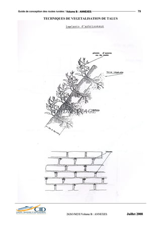 Guide de conception des routes rurales / VVVooollluuummmeee BBB ::: AAANNNNNNEEEXXXEEESSS 79
222666222666333///MMM222///EEE///VVVooollluuummmeee BBB ::: AAANNNNNNEEEXXXEEESSS JJJuuuiiilllllleeettt 222000000888
TECHNIQUES DE VEGETALISATION DE TALUS
 