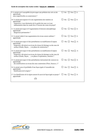 Guide de conception des routes rurales / VVVooollluuummmeee BBB ::: AAANNNNNNEEEXXXEEESSS 105
9. Le projet est-il susceptible de provoquer une pollution des sols ou des Oui Non A
approfondir
eaux (superficielles ou souterraines) ?
10. Le projet provoquera-t-il à une augmentation des matières en Oui Non A
approfondir
suspension, à une diminution de la qualité des eaux ou à une
sédimentation dans les oueds liés à l’érosion des zones du projet?
11. Le projet provoque-t-il l’augmentation d’émission atmosphérique Oui Non A
approfondir
dangereuse permanentes ?
12. Le projet induit-il une augmentation du niveau sonore ambiant ? Oui Non A
approfondir
13. Le projet provoque-t-il des perturbations ou modification (Coupure Oui Non A
approfondir
temporaire, déviation) au niveau du réseau de drainage ou des eaux de
surface (Oueds, Dayas, …) en phase de construction ?
14. Le projet provoque-t-il des perturbations ou modification (Coupure Oui Non A
approfondir
temporaire, déviation) au niveau du réseau de drainage ou des eaux de
surface (Oueds, Dayas, …) en phase d’exploitation, entretien ?
15. Le projet provoque-t-il des perturbations (tarissement des sources) ou Oui Non A
approfondir
des modifications au niveau des eaux souterraines (Puits, Sources, ) ?
16. Le projet sera-t-il profitable d’une façon égale à l’ensemble des Oui Non A
approfondir
bénéficiaires de la région ?
17. Les bénéficiaires de la région auront-ils accès de façon égale au projet ? Oui Non A
approfondir
(2)
222666222666333///MMM222///EEE///VVVooollluuummmeee BBB ::: AAANNNNNNEEEXXXEEESSS---AAA111 JJJuuuiiilllllleeettt 222000000888
 