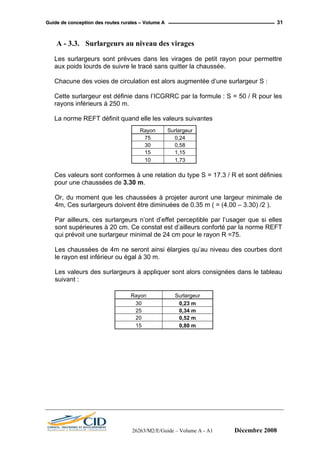 GGuuiiddee ddee ccoonncceeppttiioonn ddeess rroouutteess rruurraalleess –– VVoolluummee AA 31
A - 3.3. Surlargeurs au niveau des virages
Les surlargeurs sont prévues dans les virages de petit rayon pour permettre
aux poids lourds de suivre le tracé sans quitter la chaussée.
Chacune des voies de circulation est alors augmentée d’une surlargeur S :
Cette surlargeur est définie dans l’ICGRRC par la formule : S = 50 / R pour les
rayons inférieurs à 250 m.
La norme REFT définit quand elle les valeurs suivantes
Rayon Surlargeur
75 0,24
30 0,58
15 1,15
10 1,73
Ces valeurs sont conformes à une relation du type S = 17.3 / R et sont définies
pour une chaussées de 3.30 m.
Or, du moment que les chaussées à projeter auront une largeur minimale de
4m, Ces surlargeurs doivent être diminuées de 0.35 m ( = (4.00 – 3.30) /2 ).
Par ailleurs, ces surlargeurs n’ont d’effet perceptible par l’usager que si elles
sont supérieures à 20 cm. Ce constat est d’ailleurs conforté par la norme REFT
qui prévoit une surlargeur minimal de 24 cm pour le rayon R =75.
Les chaussées de 4m ne seront ainsi élargies qu’au niveau des courbes dont
le rayon est inférieur ou égal à 30 m.
Les valeurs des surlargeurs à appliquer sont alors consignées dans le tableau
suivant :
Rayon Surlargeur
30 0,23 m
25 0,34 m
20 0,52 m
15 0,80 m
26263/M2/E/Guide – Volume A - A1 Décembre 2008
 