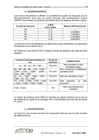 GGuuiiddee ddee ccoonncceeppttiioonn ddeess rroouutteess rruurraalleess –– VVoolluummee AA 50
b – Echelle de portance :
Les niveaux de portance à affecter à la plateforme support de chaussée pour le
dimensionnement, sont ceux du guide marocain des terrassements routiers
(GMTR). Ces niveaux de portance sont définis dans les tableaux donnés ci-après :
CLASSE DE PORTANCE
C.B.R
LONG TERME
MODULE EV2 ÉQUIVALENT
P0 ≤ 4 ---
P1 ≥ 6 ≥ 20 MPa
P2 ≥ 10 ≥ 50 MPa
P3 ≥ 15 ≥ 120 MPa
P4 ≥ 25 ≥200 MPa
La portance du sol de plateforme est déterminée après identification au laboratoire
et réalisation d’une étude C.B.R.
En l’absence d’une étude C.B.R, la plage suivante de portance des sols peut être
adoptée :
CLASSIFICATION GEOTECHNIQUE DU
SOL
PLAGE DE
PORTANCE
COMMENTAIRES
A1 – A2 – A3 – A4 – TfAi P0 à P3
Sols sensibles ou très
sensibles à l’eau
B2 – B4 – B5 – B6 – C1Ai – C1B5 –
C1B6 – C2Ai – C2B5 – C2B6 –
TcAi – TfBi – TcB6
P1 à P3
Sols moyennant à faiblement
sensible à l’eau
B1 – D1 – TcB1 – TcB2 – TcB4 –
TcB5 – D2 – B3 – TcB3
P2 à P4 Sols non sensibles à l’eau
D3 – C1B1 – C1B2 – C1B3 – C1B4
– C2B1 – C2B2 – C2B3 – C2B4
P3 à P4 Sols grossiers ou sols
graveleux
TxA3 – TxA4 P0
Sols volumétriquement
instables
Le niveau de portance est à définir en fonction du régime hydrique de la zone et
de l’efficacité du système de drainage (P0), il est facultatif pour les sols de classe
P1 et P2.
c – Couche de forme :
Le recours à une couche de forme est nécessaire dans les cas de sols en place
de faible portance.
26263/M2/E/Guide – Volume A - A1 Décembre 2008
 