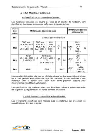 GGGuuuiiidddeee dddeee cccooonnnccceeeppptttiiiooonnn dddeeesss rrrooouuuttteeesss rrruuurrraaallleeesss /// VVVooollluuummmeee AAA 59
A - 5.5.4 Qualité des matériaux :
a – Spécifications pour matériaux d’assises :
Les matériaux utilisables en couche de base et en couche de fondation, sont
données, en fonction de la classe de trafic, dans le tableau suivant :
CLASS
E DE
TRAFIC
MATERIAU DE COUCHE DE BASE
MATERIAU DE COUCHE
DE FONDATION
TR1 Matériau sélectionné MCR
TR2
GND avec
LA < 50 – MDE
< 45
LA + MDE < 90
GNC avec
LA < 45 –
MDE < 40
LA + MDE <
80
MHN
avec
LA < 70
CBR >
80
LTC
C PC
GNF
3
MH N
avec
LA <
70
CBR >
60
BL
TR3
GND
LA < 45 – MDE < 40
LA + MDE < 80
GNC avec
LA < 40 – MDE <
35
LA + MDE < 70
LTC
C
PC
GNF
3
MHN
LA <
70
CBR >
60
BL
TR4 GNC GNB LTCC
GNF
3
MHN
LA < 70
CBR > 60
Les granulats industriels tels que les déchets miniers ou des phosphates ainsi que
les scories peuvent être utilisés en corps de chaussée. Ils sont assimilés à des
matériaux MHN et doivent faire l’objet d’une étude préalable spéciale pour
déterminer les modalités de valorisation.
Les spécifications des matériaux cités dans le tableau ci-dessus, doivent respecter
les exigences qui figurent dans les fiches données en annexe.
b – Spécifications pour matériaux de revêtement :
Les revêtements superficiels sont réalisés avec les matériaux qui présentent les
caractéristiques données ci-après :
26263/M2/E/Guide – Volume A - A1 Décembre 2008
 